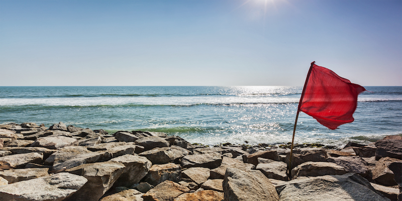 red-flag-on-rocky-beach-warning-sign-company-in-trouble